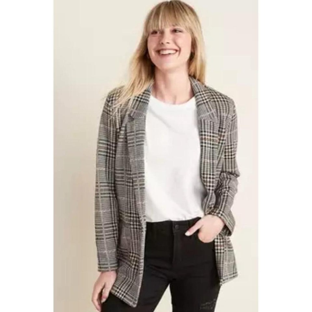 Womens Old Navy Plaid Houndstooth One Button Business‎ Casual Blazer Jacket